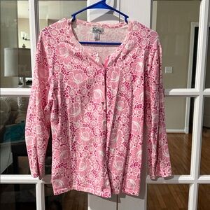 Lilly Pulitzer Pink White Floral Vintage White Label Button Sweater Size Large